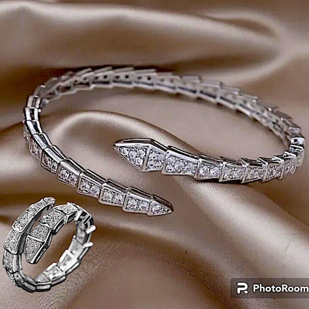 Silver Zircon Snake Bangle Bracelet Ring Set, Luxury